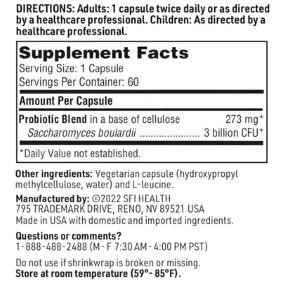 Tabla nutricional del suplemento SFI Health Saccharomyces boulardii 60 cápsulas