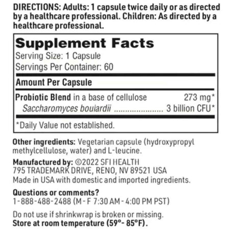 Tabla nutricional del suplemento SFI Health Saccharomyces boulardii 60 cápsulas