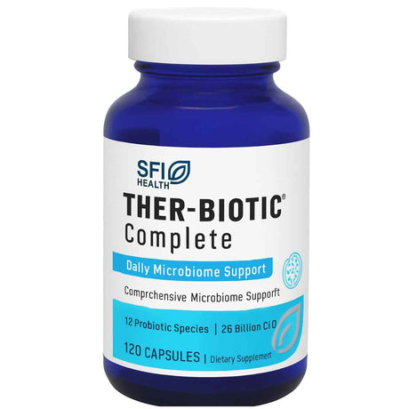 Frasco de suplemento SFI Health Ther-Biotic Complete 25 Billion CFU 120 cápsulas