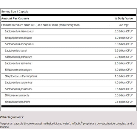 Tabla nutricional del suplemento SFI Health Ther-Biotic Complete 60 cápsulas
