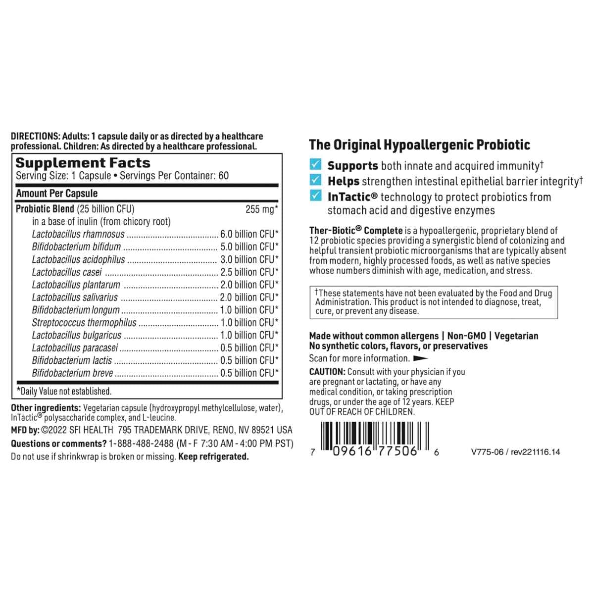 Tabla nutricional del suplemento SFI Health Ther-Biotic Complete 25 Billion CFU