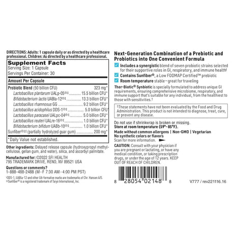 Tabla nutricional del suplemento SFI Health Ther-Biotic Synbiotic 30 cápsulas