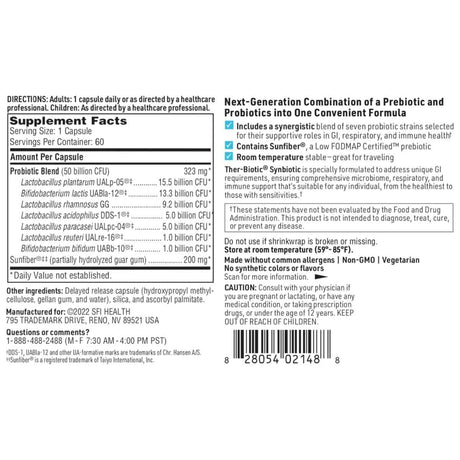 Tabla nutricional del suplemento SFI Health Ther-Biotic Synbiotic 60 cápsulas