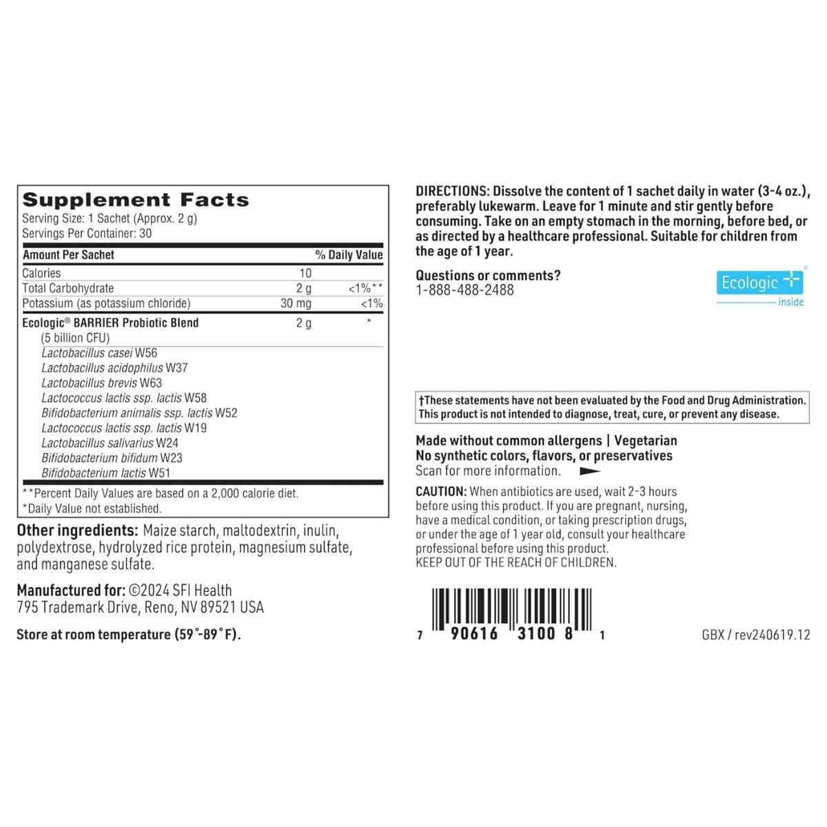 Tabla nutricional del suplemento SFI Health Ther-Biotic Target gb-X 30 sobres