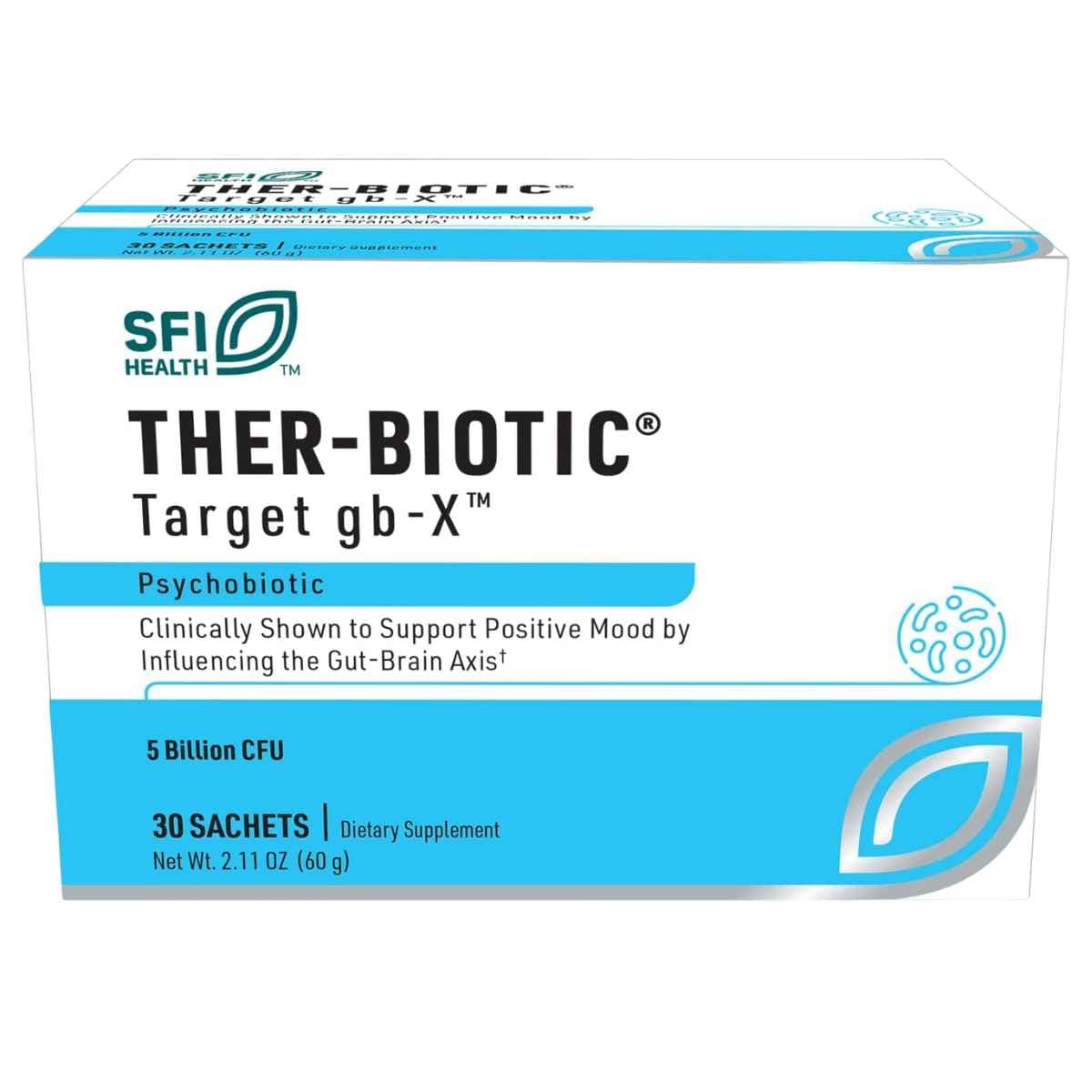 Frasco de suplemento SFI Health Ther-Biotic Target gb-X 30 sobres