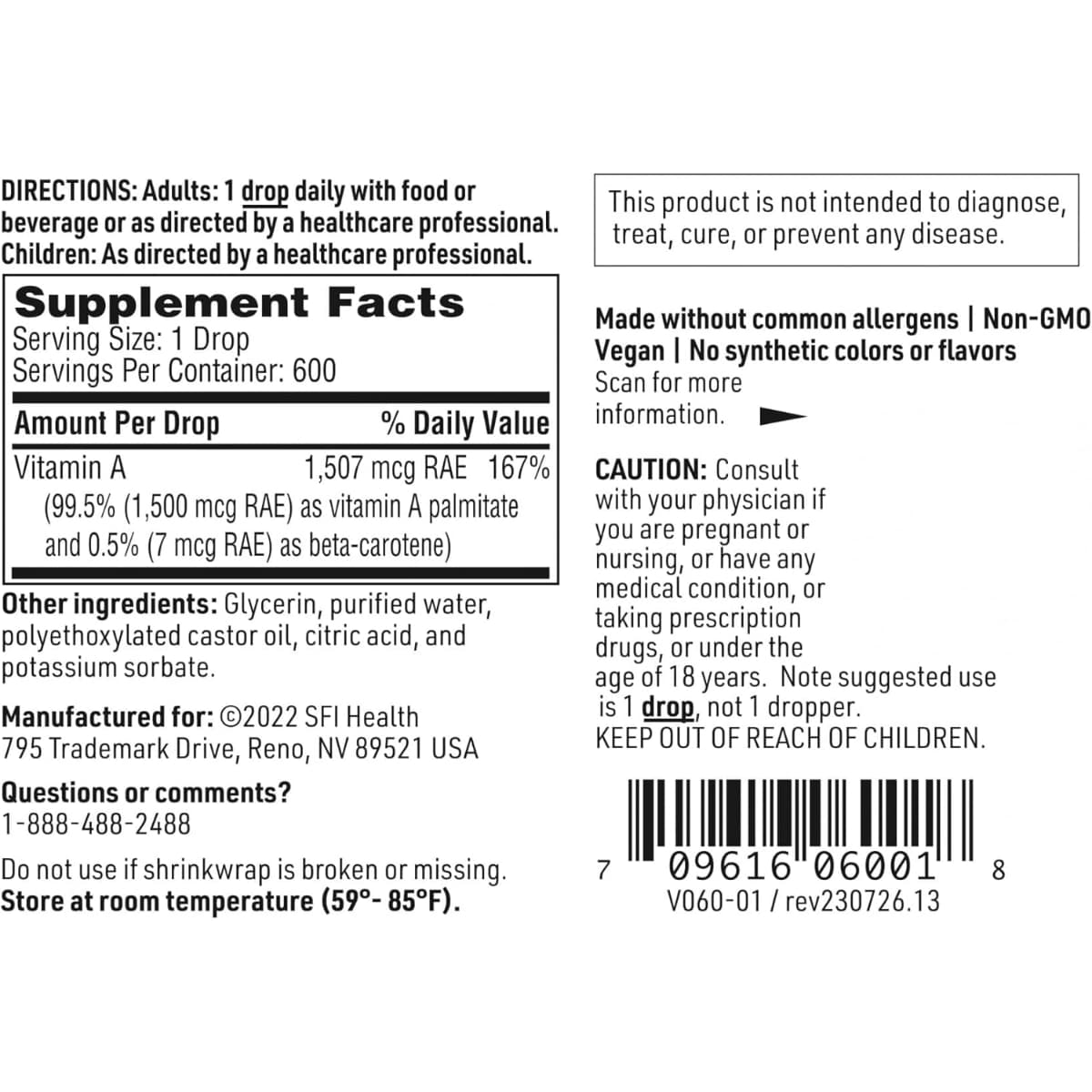 Tabla nutricional del suplemento SFI Health Vitamina A Micelizada 30 ml