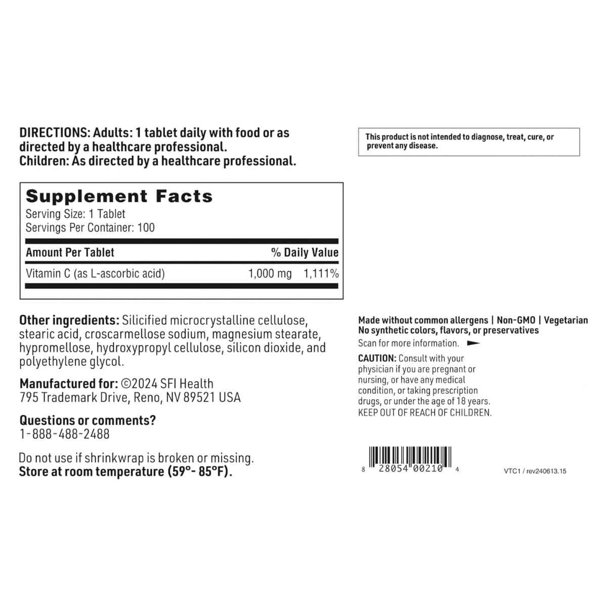 Tabla nutricional del suplemento SFI Health Vitamina C 1000 mg 100 tabletas