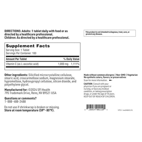 Tabla nutricional del suplemento SFI Health Vitamina C 1000 mg 100 tabletas