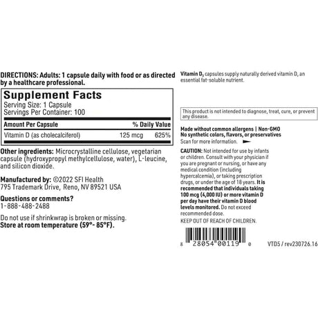 Tabla nutricional del suplemento SFI Health Vitamina D3 5000 IU 100 cápsulas