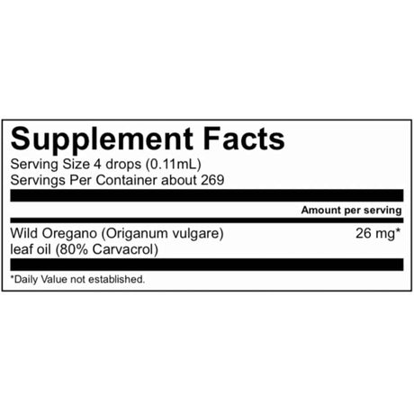 Tabla nutricional del suplemento Sierra Organics Aceite de Orégano Silvestre 80% Carvacrol 30 ml