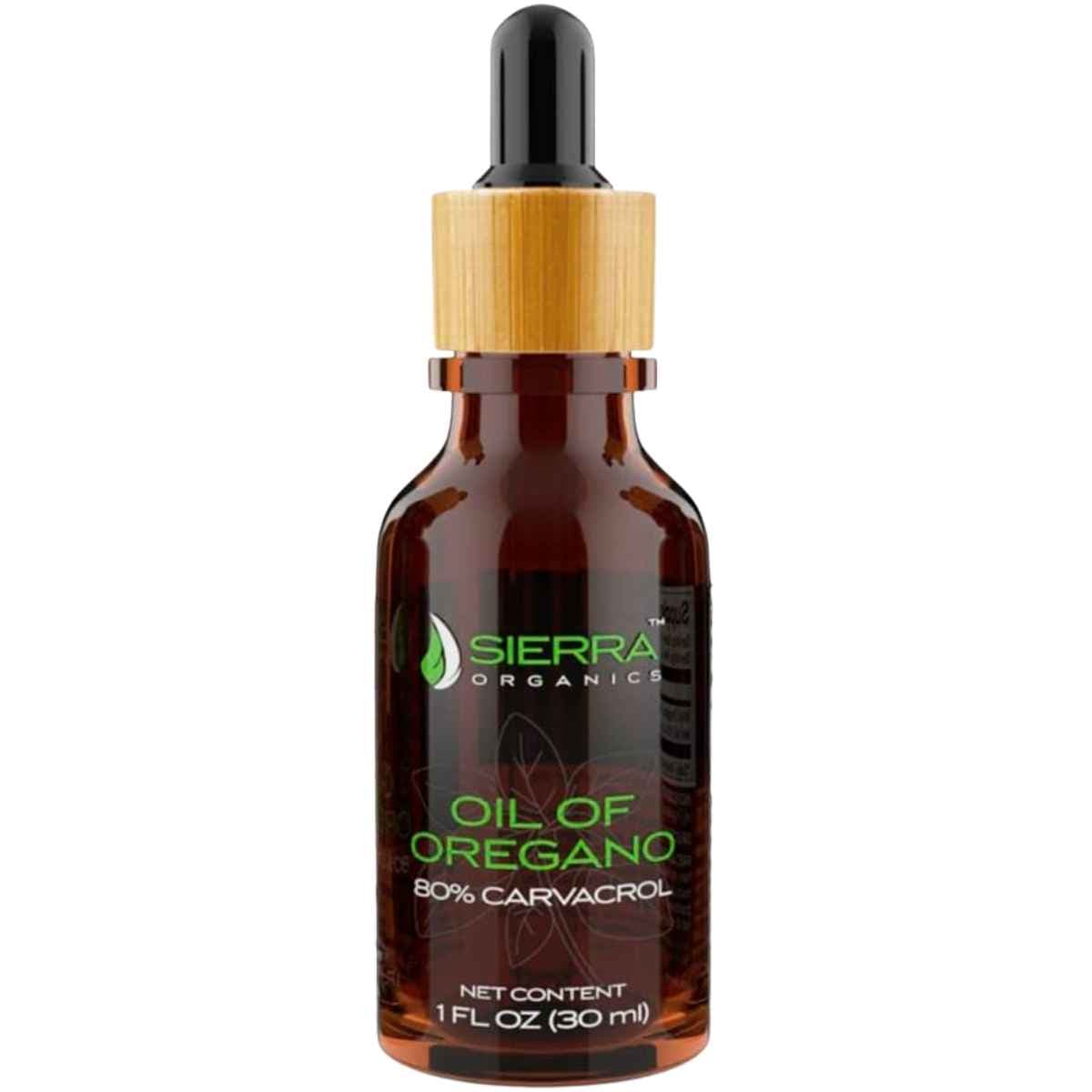 Frasco de suplemento Sierra Organics Aceite de Orégano Silvestre 80% Carvacrol 30 ml