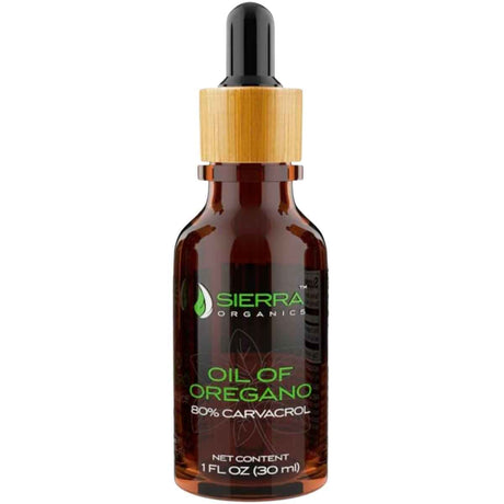 Frasco de suplemento Sierra Organics Aceite de Orégano Silvestre 80% Carvacrol 30 ml