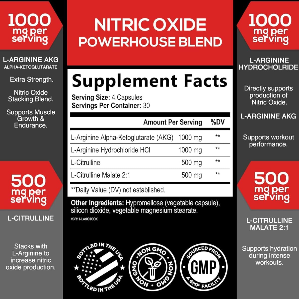 Tabla nutricional del suplemento SilverOnyx Óxido Nítrico 3000 mg 120 cápsulas