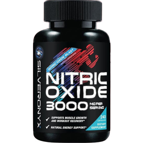 Frasco de suplemento SilverOnyx Óxido Nítrico 3000 mg 240 cápsulas