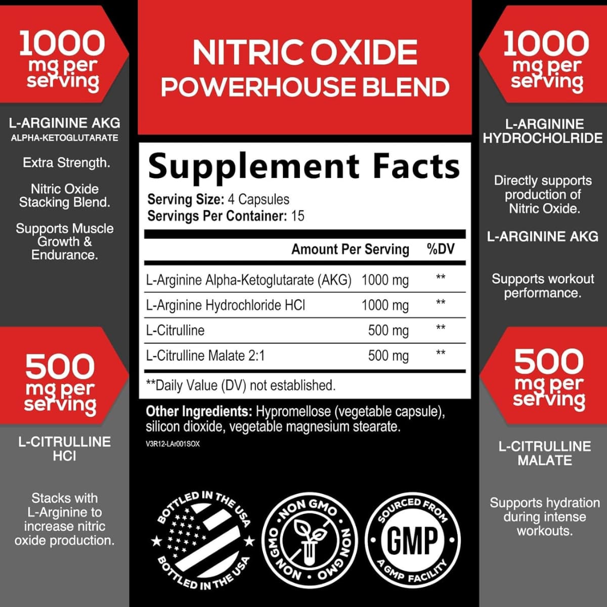 Tabla nutricional del suplemento SilverOnyx Óxido Nítrico 3000 mg 60 cápsulas