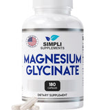 Frasco frontal de Simpli Supplements glicinato de magnesio, presentación de 180 cápsulas.