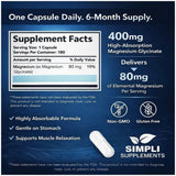 Información del suplemento de Simpli Supplements glicinato de magnesio, con 80 mg de magnesio por cápsula.