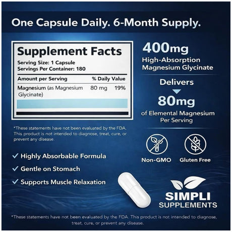 Información del suplemento de Simpli Supplements glicinato de magnesio, con 80 mg de magnesio por cápsula.