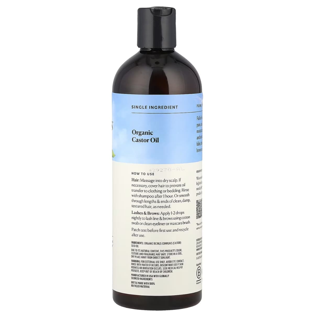 Etiqueta con información del suplemento Sky Organics Aceite de Ricino Orgánico 473 ml