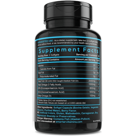 Información del suplemento de SmarterVitamins Omega-3 AlaskOmega con omega 3, EPA y DHA por porción.