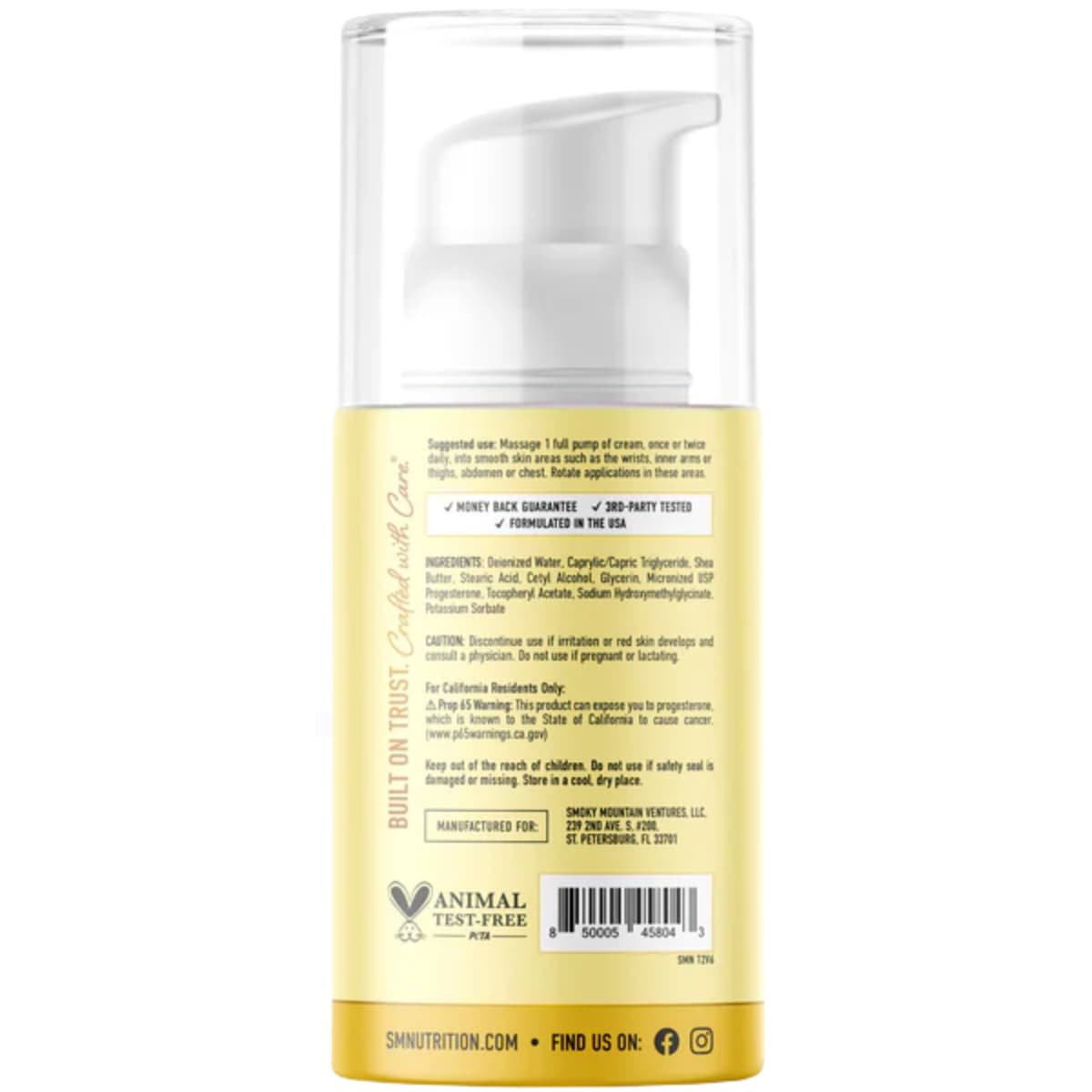 Etiqueta con información del suplemento SMNutrition Advanced Progesto-Life 4 oz crema