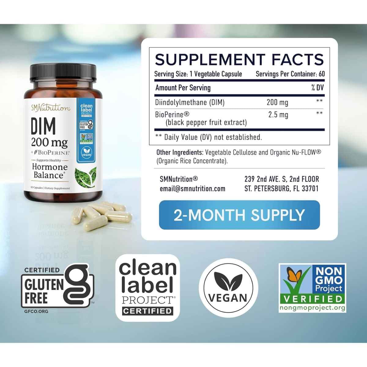 Tabla nutricional del suplemento SMNutrition Diindolilmetano 60 cápsulas