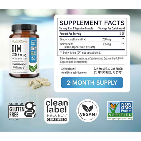 Tabla nutricional del suplemento SMNutrition Diindolilmetano 60 cápsulas