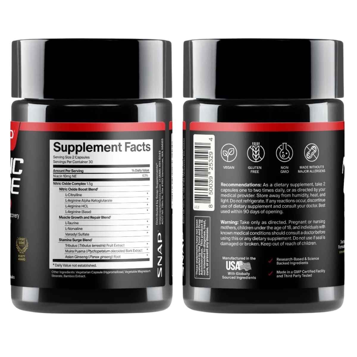 Etiqueta posterior de Snap Supplements Nitric Oxide Booster, presentación de 60 cápsulas