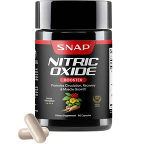Frasco frontal de Snap Supplements Nitric Oxide Booster con 60 cápsulas