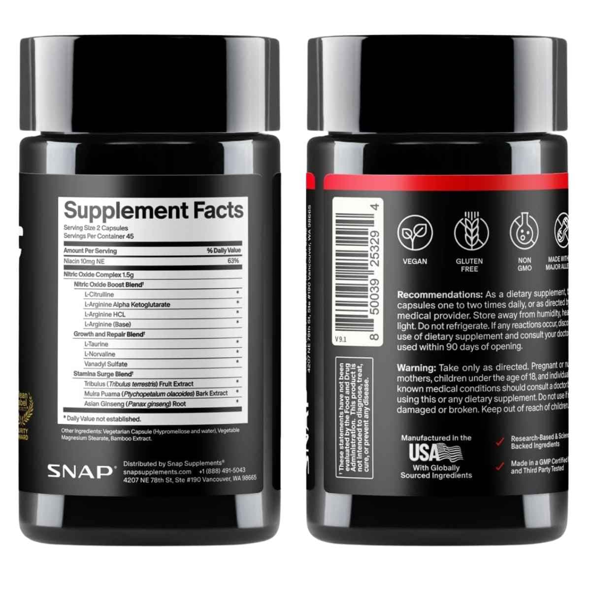 Etiqueta posterior de Snap Supplements Nitric Oxide Booster, presentación de 90 cápsulas