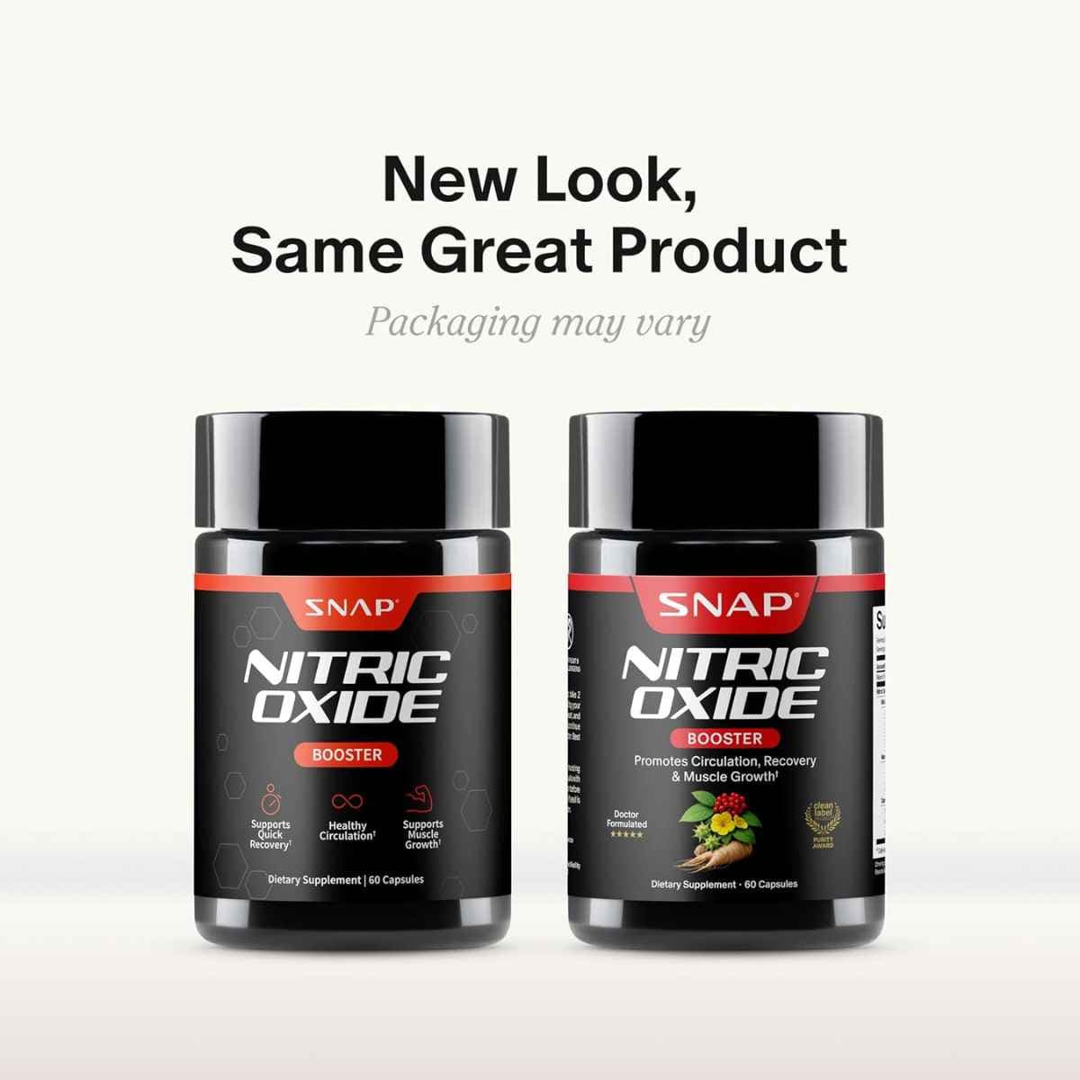 Comparación de diseños de empaque de Snap Supplements Nitric Oxide Booster de 60 cápsulas