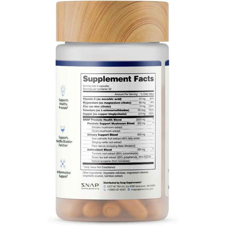 Tabla nutricional del suplemento Snap Supplements Soporte para la Próstata 90 Cápsulas