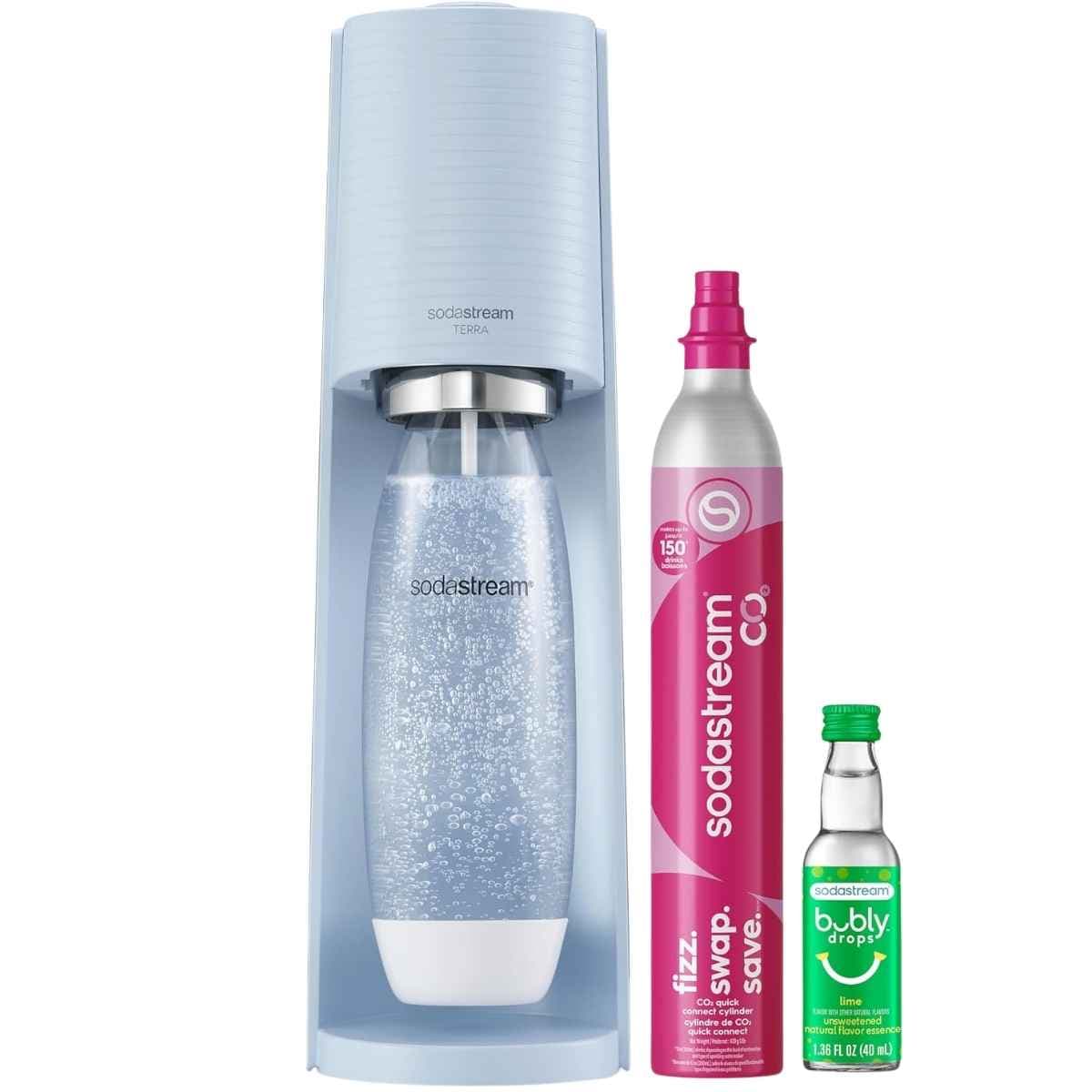 SodaStream Terra azul Misty con cilindro CO₂ Quick Connect, botella y Bubly Drops
