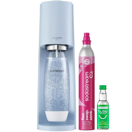 SodaStream Terra azul Misty con cilindro CO₂ Quick Connect, botella y Bubly Drops