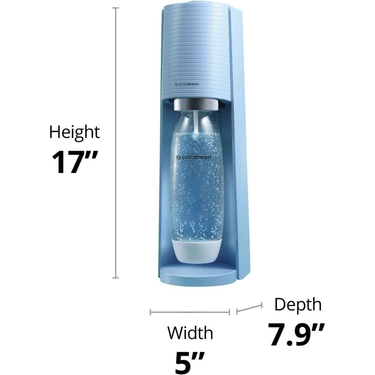 SodaStream Terra azul Misty con dimensiones de 17 pulgadas de alto, 5 de ancho y 7,9 de profundidad
