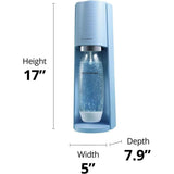 SodaStream Terra azul Misty con dimensiones de 17 pulgadas de alto, 5 de ancho y 7,9 de profundidad