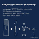 Contenido del conjunto SodaStream Terra con máquina, cilindro CO₂ Quick Connect, botella de 1 L y Bubly Drops