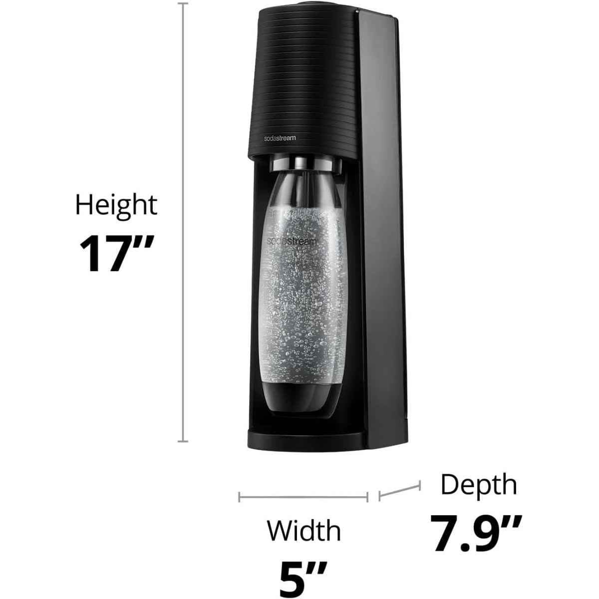 SodaStream Terra negra con dimensiones de 17 pulgadas de alto, 5 de ancho y 7,9 de profundidad