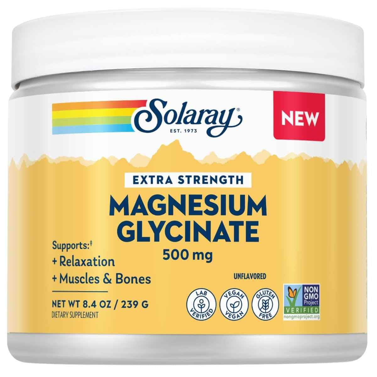 Frontal de Solaray bisglicinato de magnesio en polvo 500 mg por porción 239 g