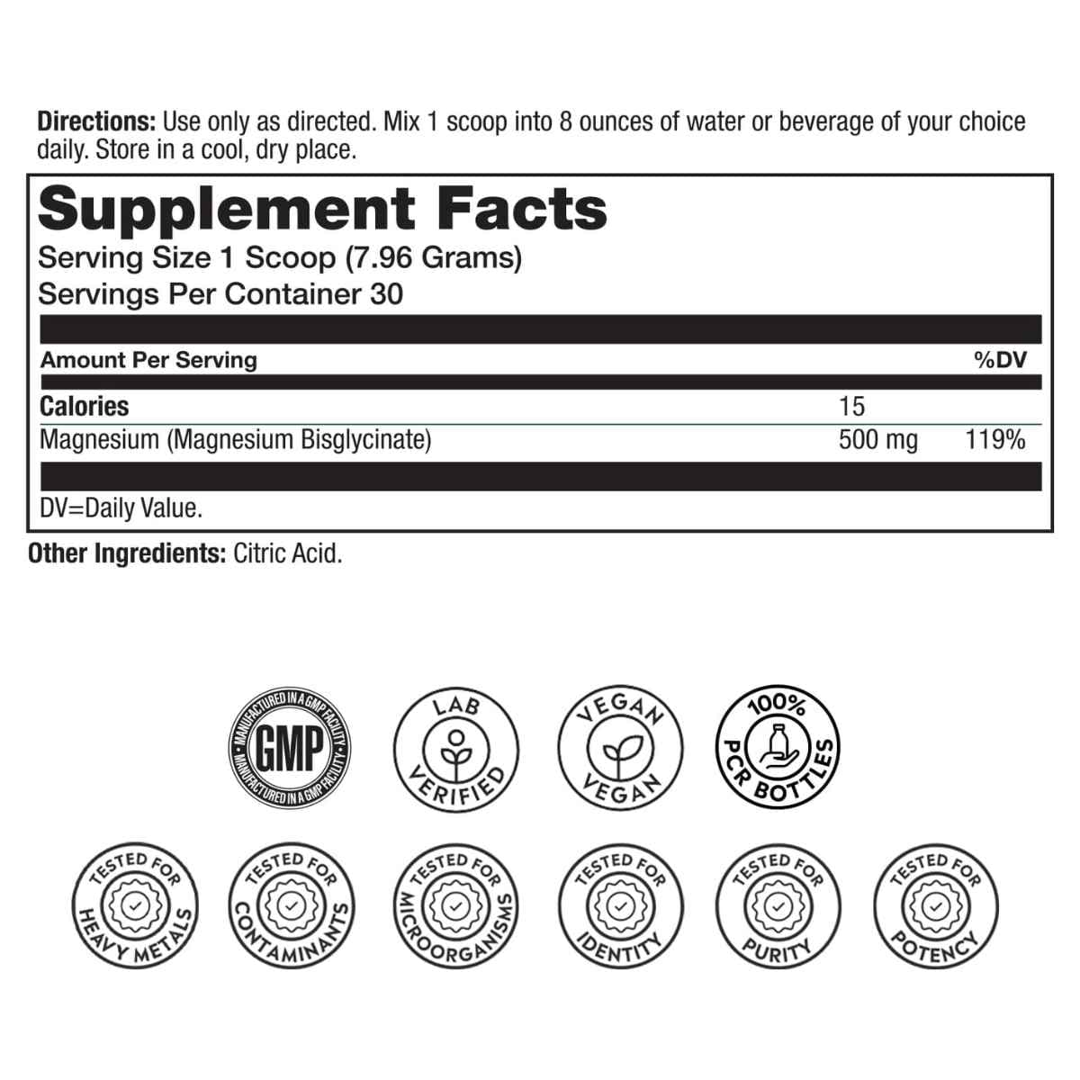 Información del suplemento de Solaray bisglicinato de magnesio en polvo 500 mg por porción