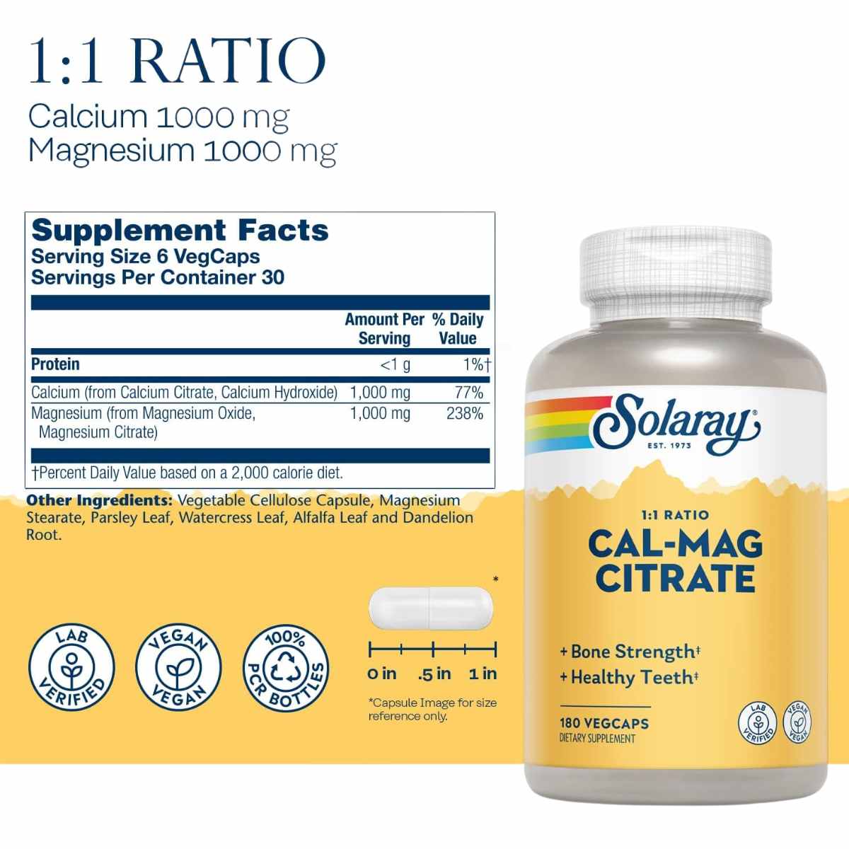 Información del suplemento Solaray Cal-Mag Citrate calcio y magnesio 1:1 180 cápsulas