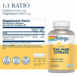 Información del suplemento Solaray Cal-Mag Citrate calcio y magnesio 1:1 180 cápsulas
