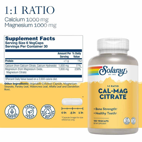 Información del suplemento Solaray Cal-Mag Citrate calcio y magnesio 1:1 180 cápsulas