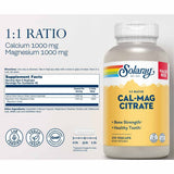 Información del suplemento Solaray Cal-Mag Citrate calcio y magnesio 1:1 270 cápsulas