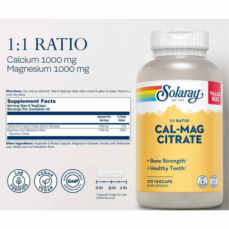 Información del suplemento Solaray Cal-Mag Citrate calcio y magnesio 1:1 270 cápsulas