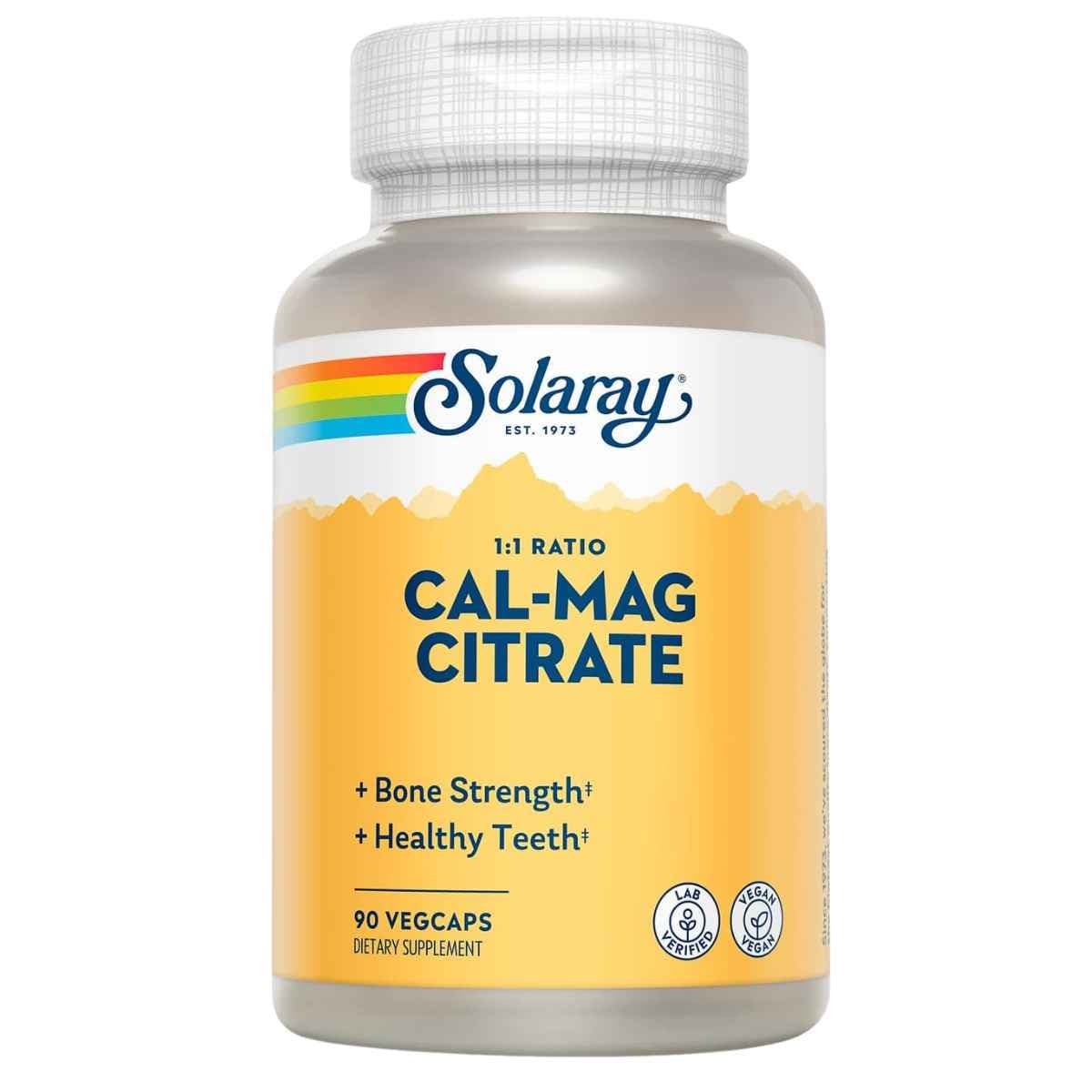 Frontal de Solaray Cal-Mag Citrate calcio y magnesio 1:1 90 cápsulas