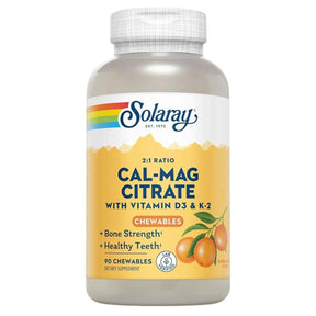 Solaray Cal-Mag Citrate calcio y magnesio 2:1, frasco de 90 tabletas masticables sabor naranja