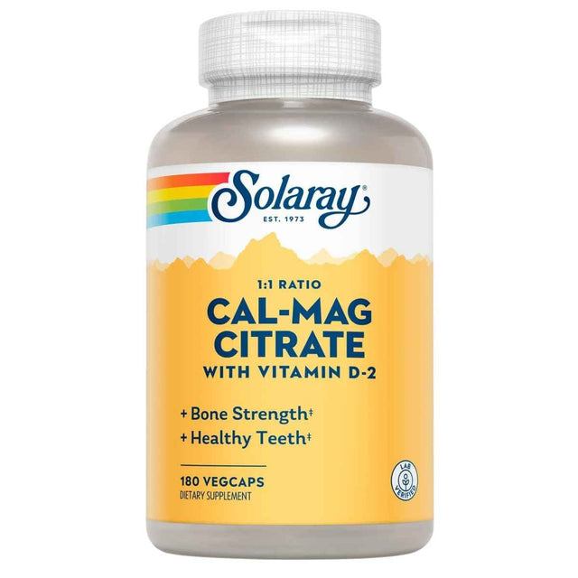 Solaray Cal-Mag Citrate con calcio, magnesio y vitamina D2, frasco de 180 cápsulas vegetales