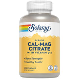 Frasco frontal de Solaray Cal-Mag Citrate con vitamina D 180 cápsulas vegetales