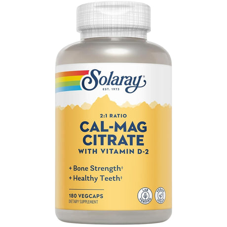 Frasco frontal de Solaray Cal-Mag Citrate con vitamina D 180 cápsulas vegetales